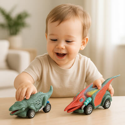 Petit garçon jouant avec des jouets dinosaures voitures