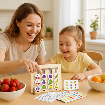 Maman et enfant jouant ensemble à un jeu de reproduction éducatif Montessori avec cartes et fruits colorés