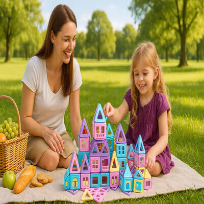 Mère et fille construisant un château avec un jeu de construction magnétique lors d'une sortie au parc, moment ludique et créatif en famille