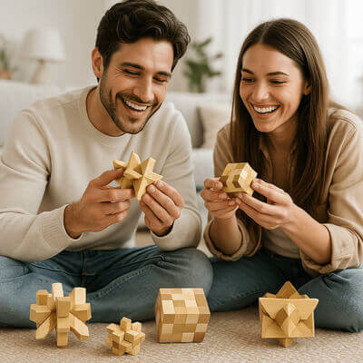 Couple adulte jouant à un casse-tête en bois, moment ludique et de réflexion, jeu de patience et d'adresse pour adultes