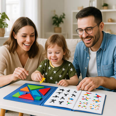 Fillette et ses parents jouant ensemble au puzzle magnétique tangram, moment familial joyeux et éducatif