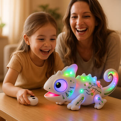 Fillette jouant avec un robot enfant caméléon télécommandé avec sa mère, moment de partage et de complicité