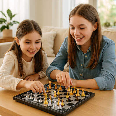 Deux sœurs jouant au jeu d'échec magnétique, moment familial, jeu familial