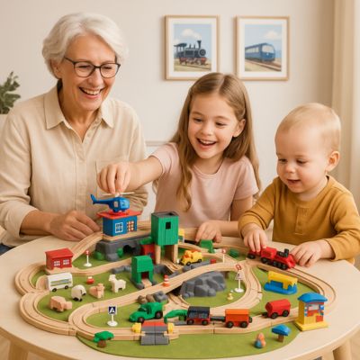 grand mere en train de jouer avec ses petits enfants au petit train en bois