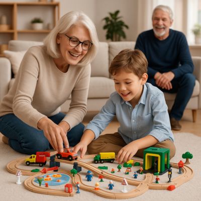 petit garçon de 6 ans qui joue à son petit train en bois avec sa grand mere