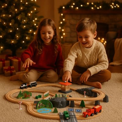 frère et soeur en train de jouer avec le train en bois un soir de noel